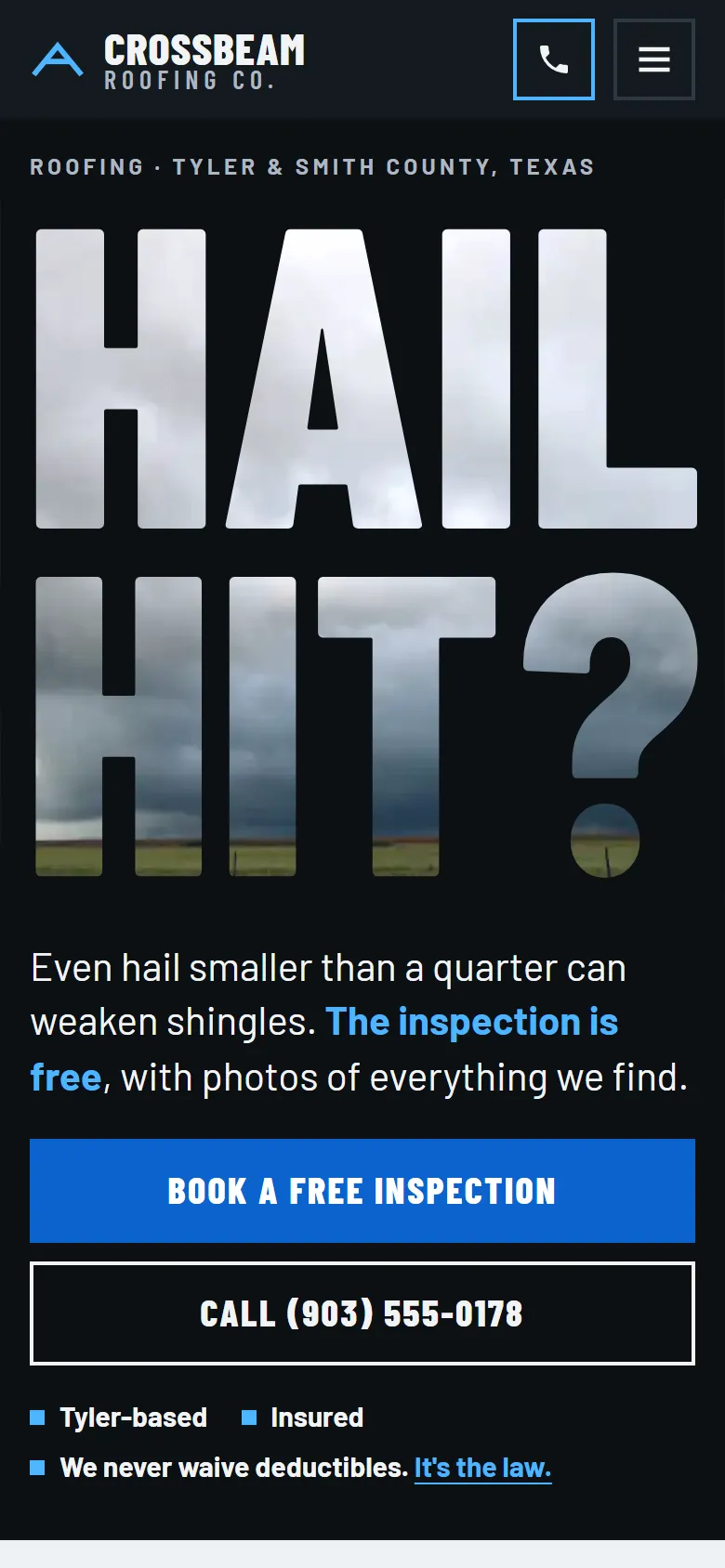 Sample roofing website on a phone