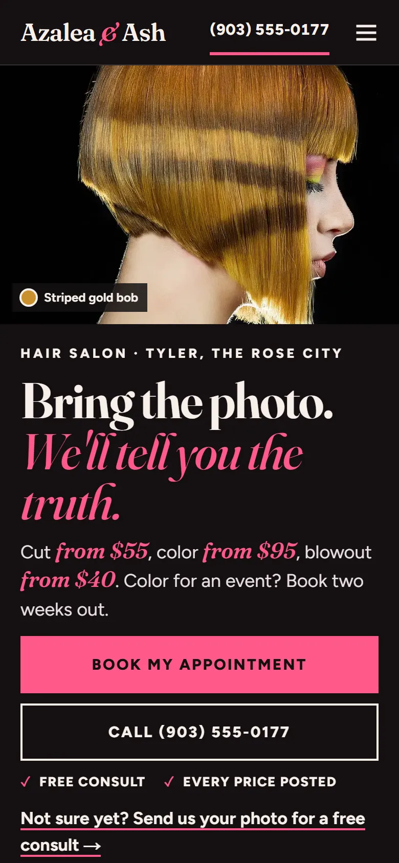 Sample salons website on a phone